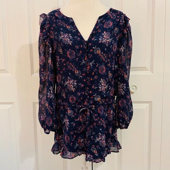 Joie Tops - Joie Silk Blue Pink Floral Long Sleeve Drop Waist Tunic Mini Dress Small